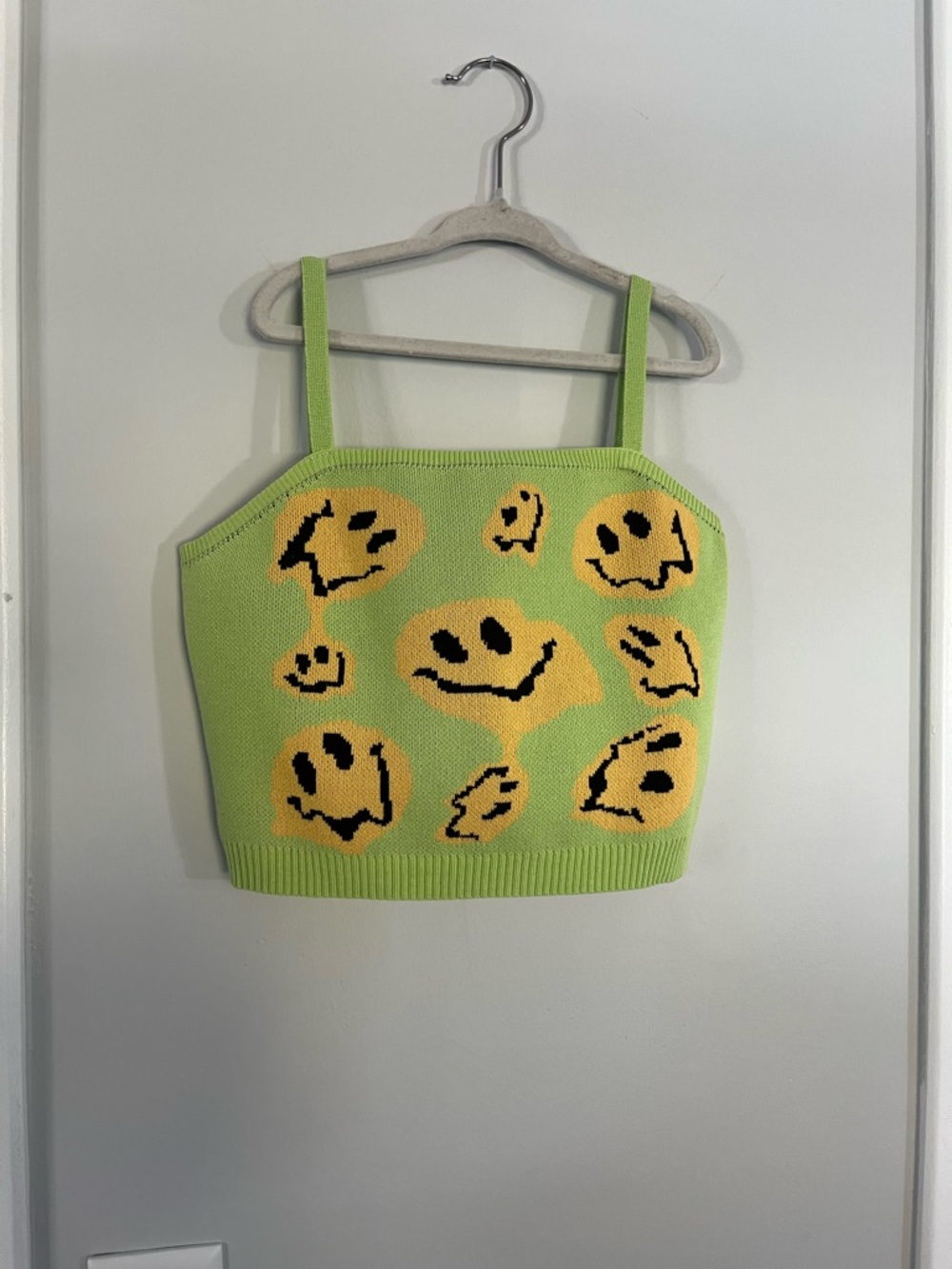 Lime Green Knit Smile Face Crop Top